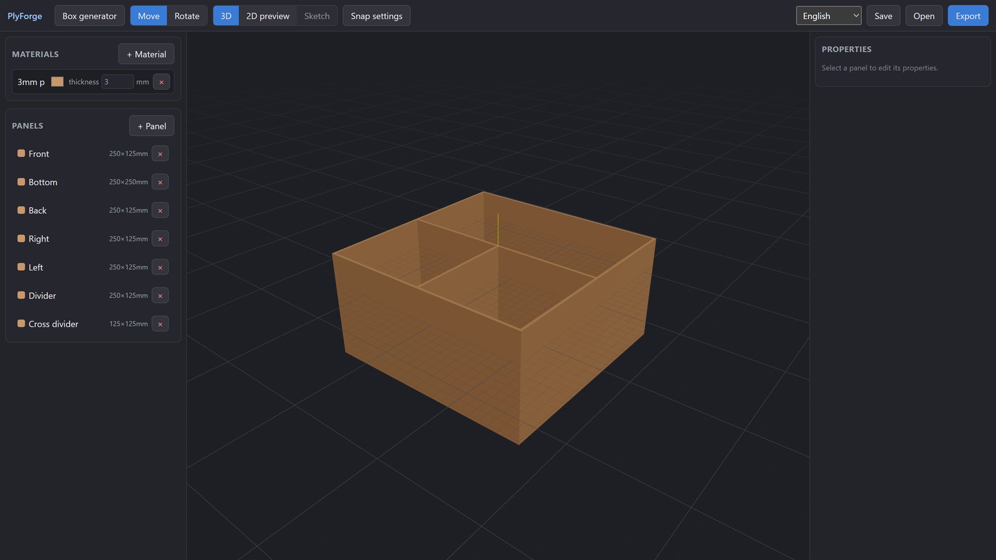 The PlyForge editor showing a box with finger joints in 3D